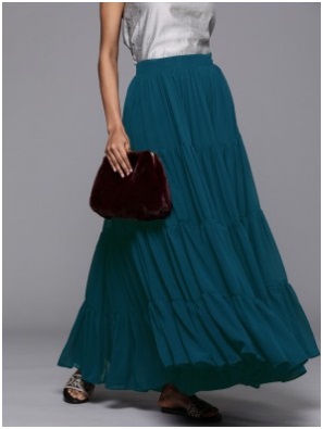 Women Teal Blue Solid Georgette Ruffle Tiered Skirt